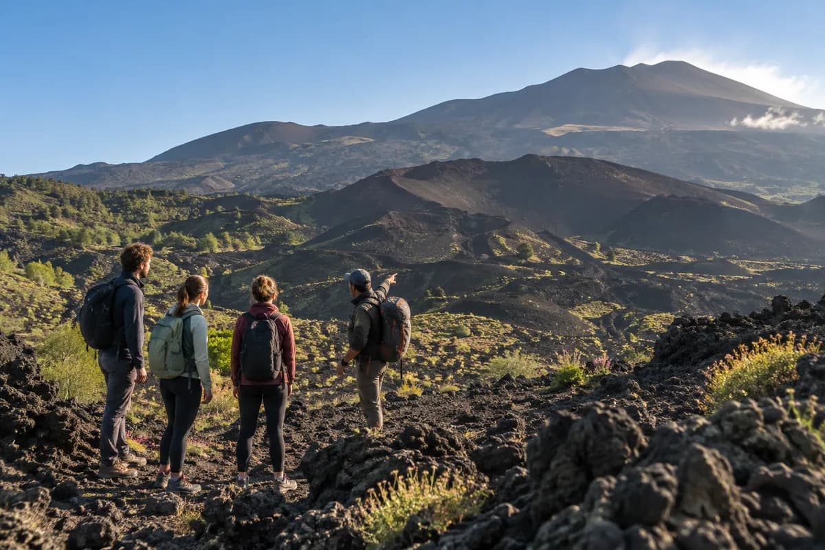 Piccolo gruppo con guida durante un'escursione illustrativa sul paesaggio lavico dell'Etna