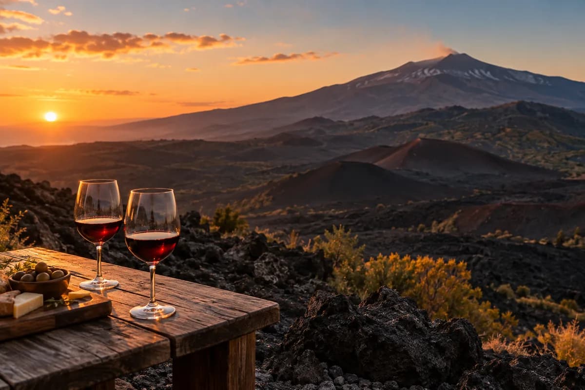 Calici di vino davanti al paesaggio dell'Etna al tramonto, immagine illustrativa