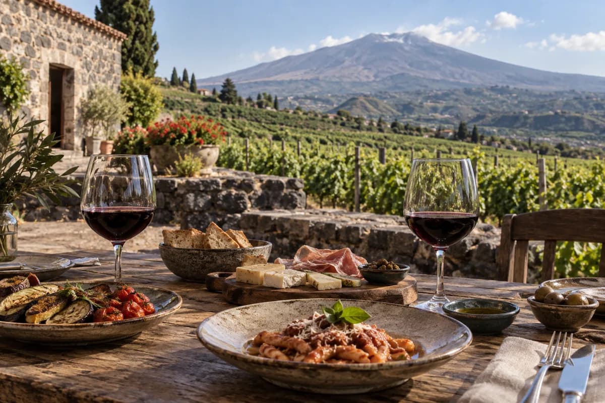 Pranzo siciliano in una cantina tra i vigneti dell'Etna, immagine illustrativa
